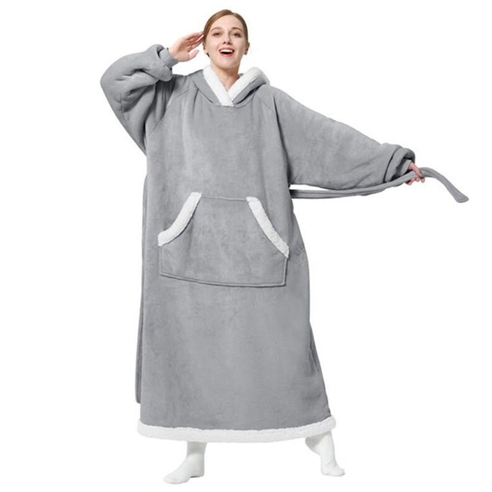 Fleece Long Wearable Blanket Hoodie with Giant Pocket and Belt Grey
