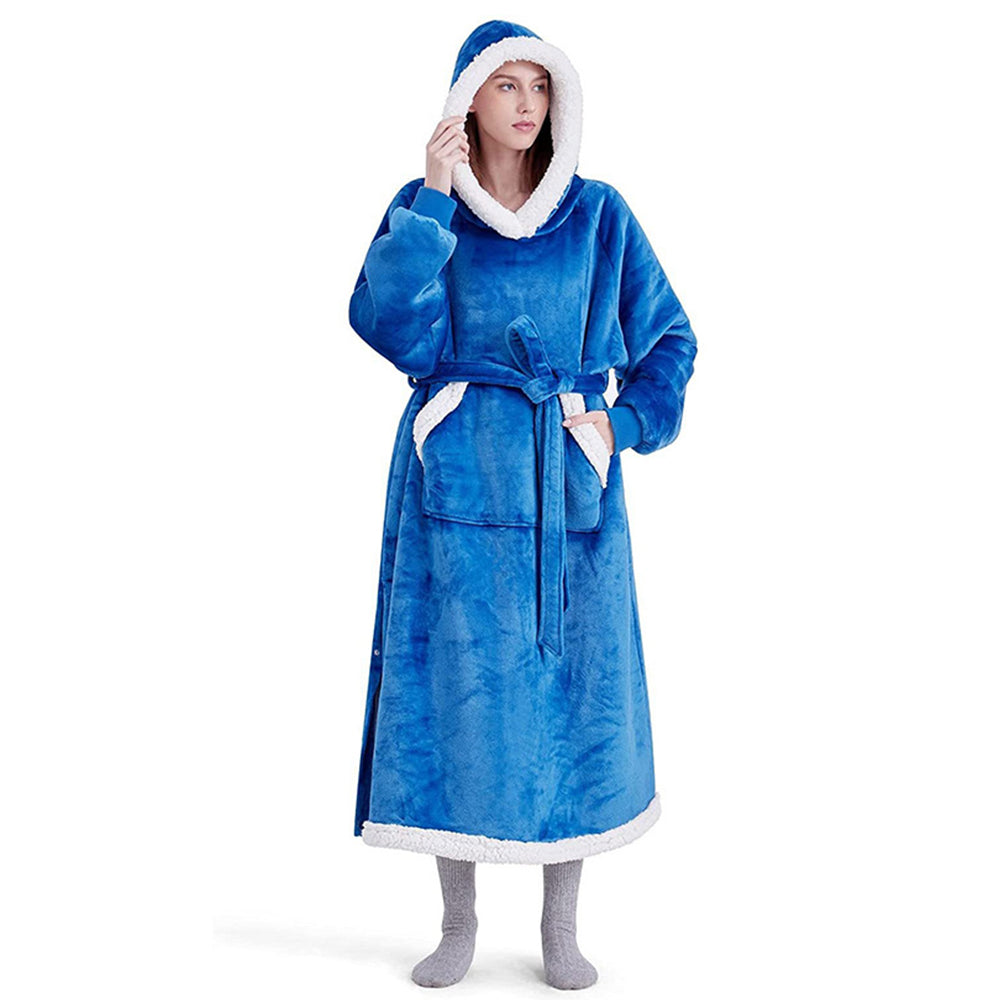 Fleece Long Wearable Blanket Hoodie with Giant Pocket and Belt Peacock Blue