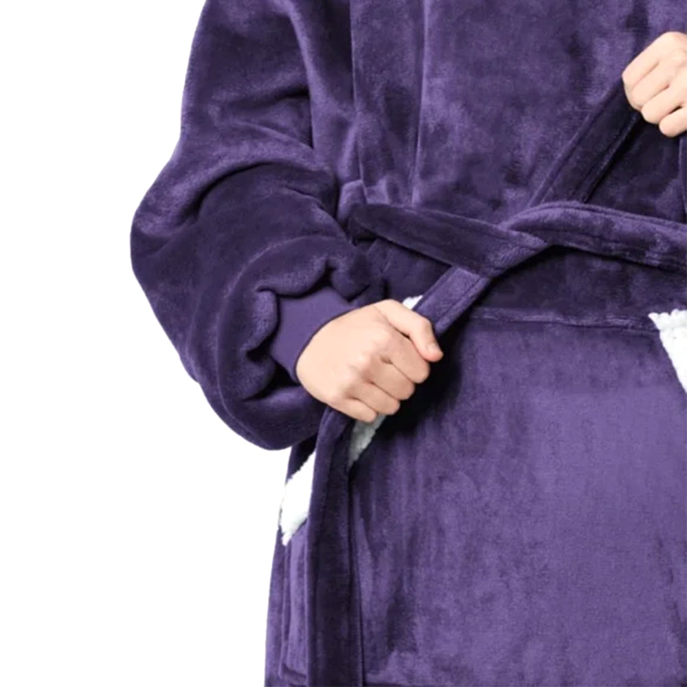 Fleece Long Wearable Blanket Hoodie with Giant Pocket and Belt Purple