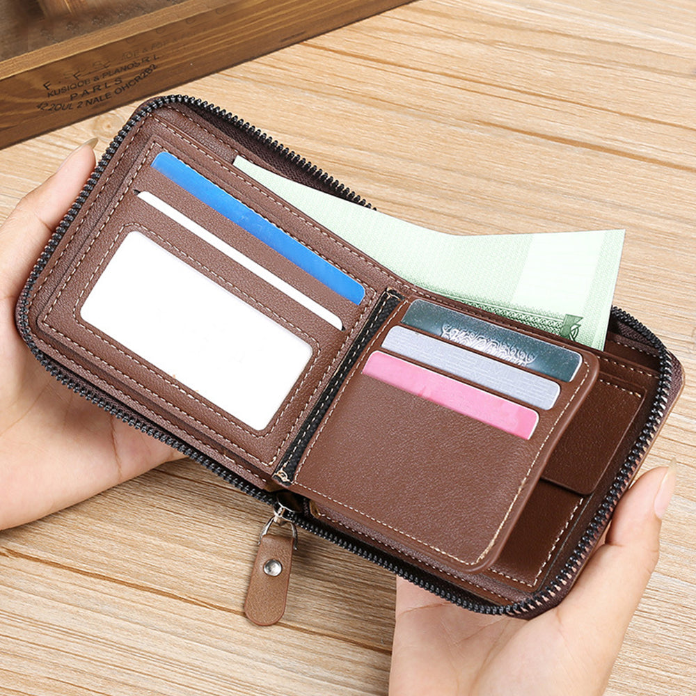 2Pcs Men PU Bifold Zip Around Wallet Credit Card ID Holder Coffee+Brown
