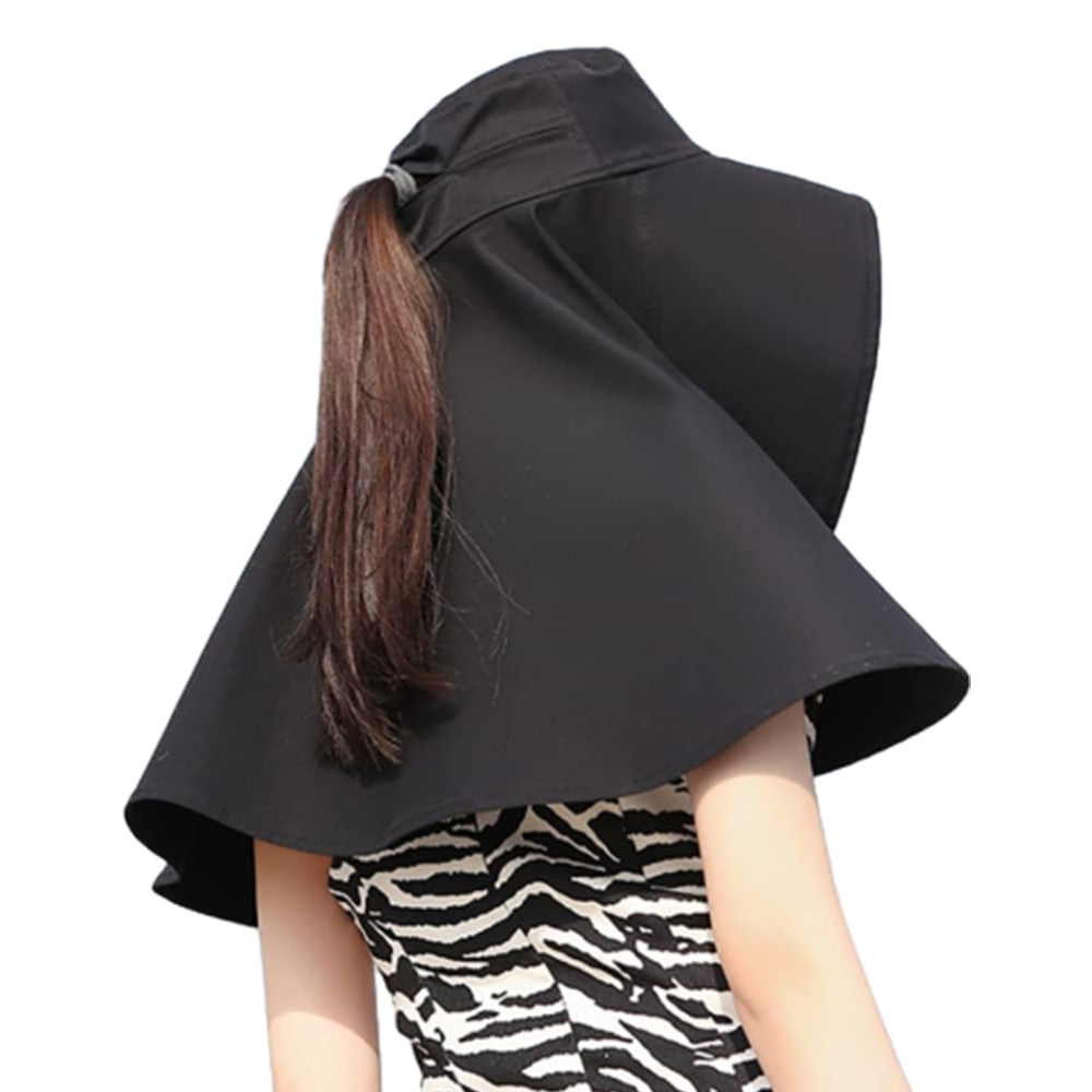 Sun Protection Wide Brim Hat Outdoor Beach Sun Hat Neck Flap Face Mask Cap Black