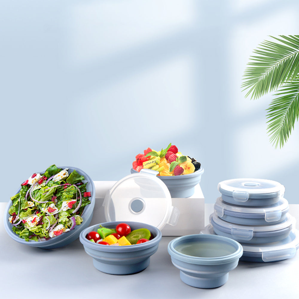 4Pcs Silicone Collapsible Food Storage Containers with Lid Microwave Safe Blue