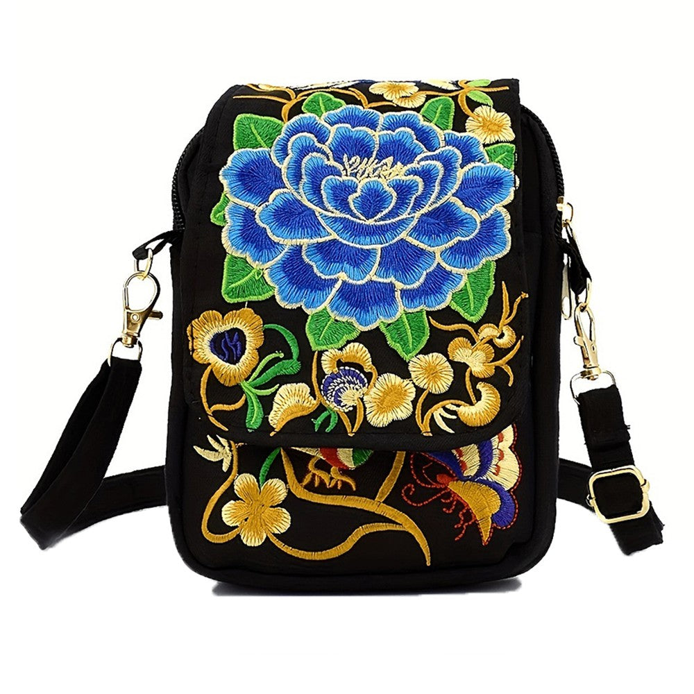 Womens Ethnic Embroidered Canvas Crossbody Bag Cell Phone Purse - Blue Flower