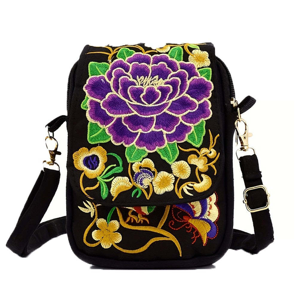 Womens Ethnic Embroidered Canvas Crossbody Bag Cell Phone Purse - Purple Flower