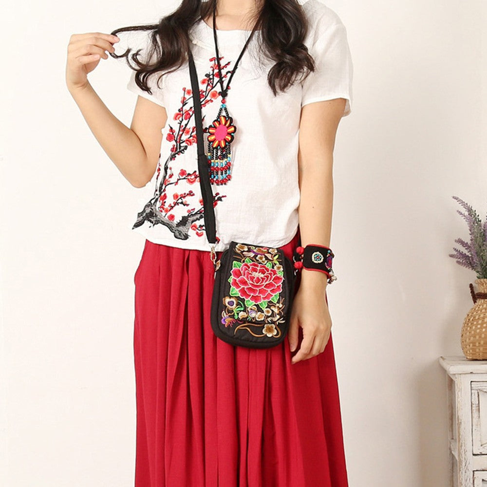 Womens Ethnic Embroidered Canvas Crossbody Bag Cell Phone Purse - Red Flower