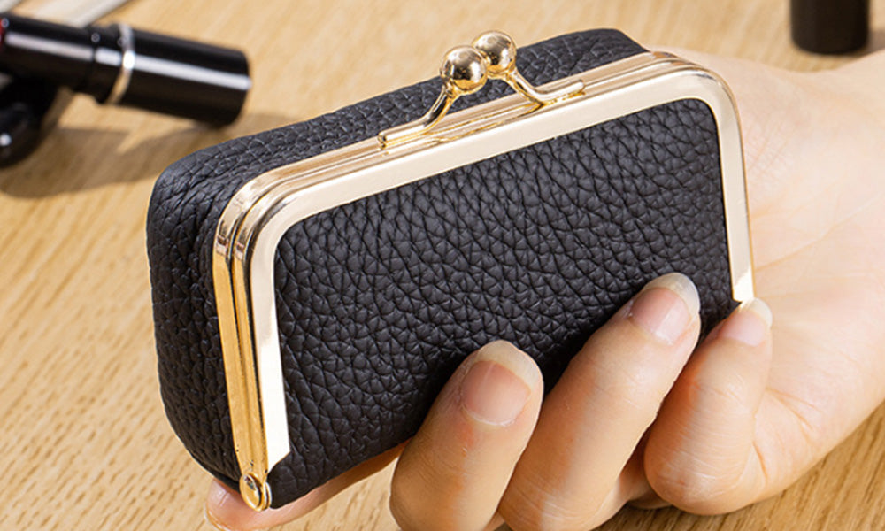 Genuine Leather Lipstick Pouch with Mirror Kiss Lock and Compartments