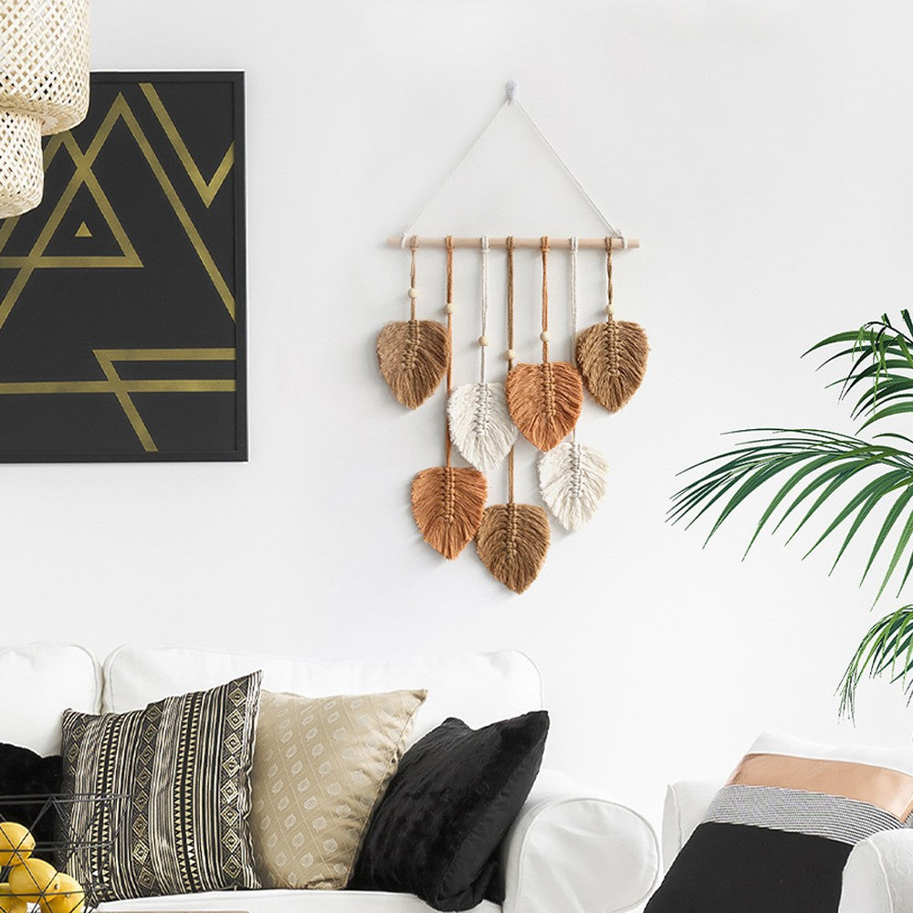 Boho Macrame Tapestry Hand Woven Cotton Wall Hanging Chic Leaf Home Decor Art - Khaki