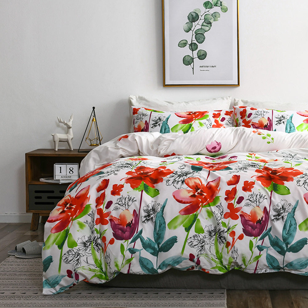 3Pcs King Size Floral Bedding Set Floral Printed Duvet Cover Pillowcase White