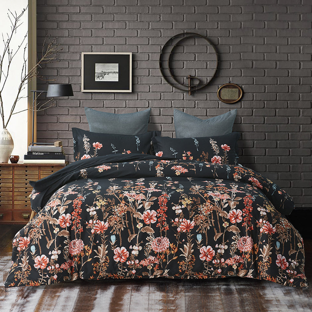 3Pcs King Size Black Floral Bedding Set Floral Printed Duvet Cover Pillowcase