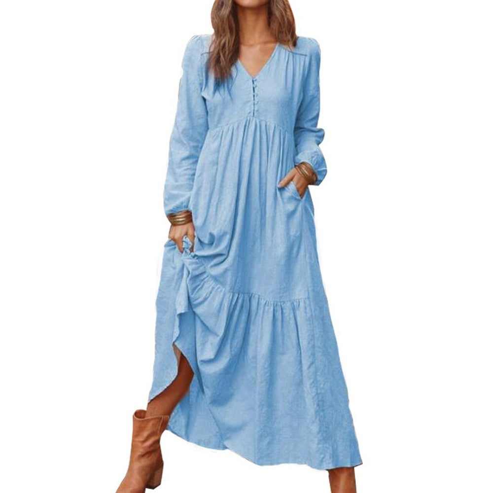 Women Vintage Long Sleeves Loose Linen Dress