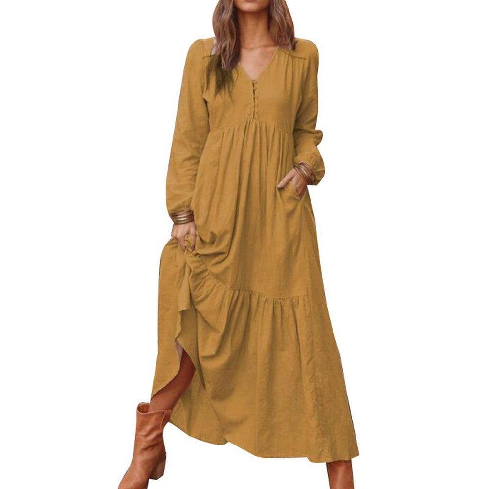 Women Vintage Long Sleeves Loose Linen Dress