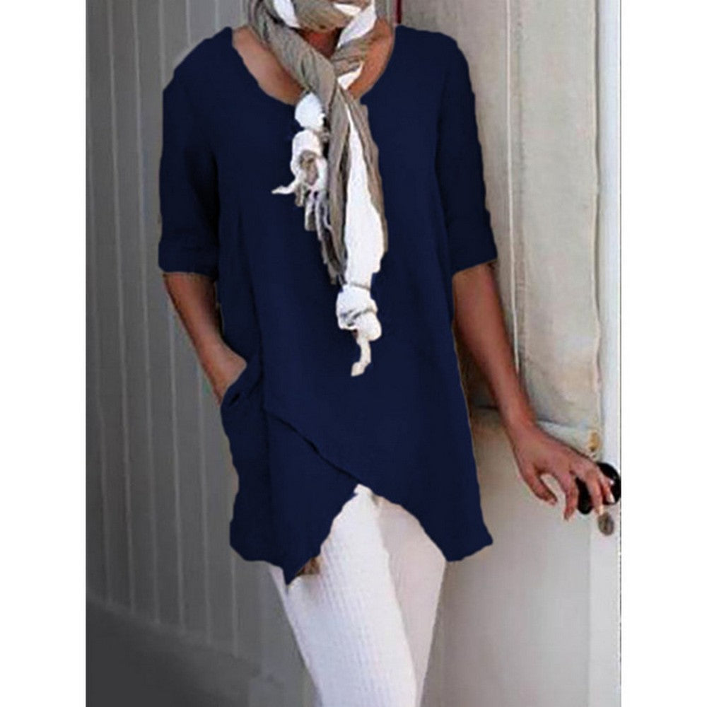 Women Linen Crew Neck T Shirt