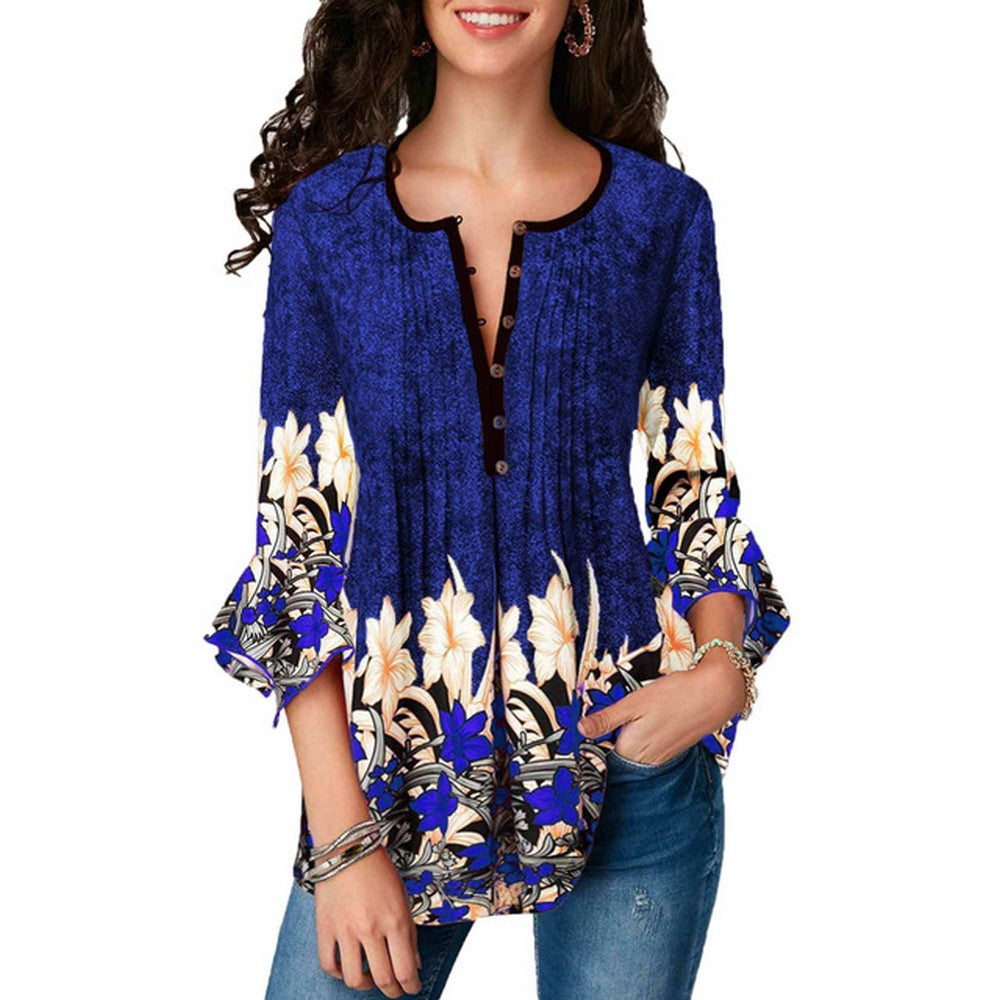 Women Printed Ruffle Sleeve T Shirt Blue
