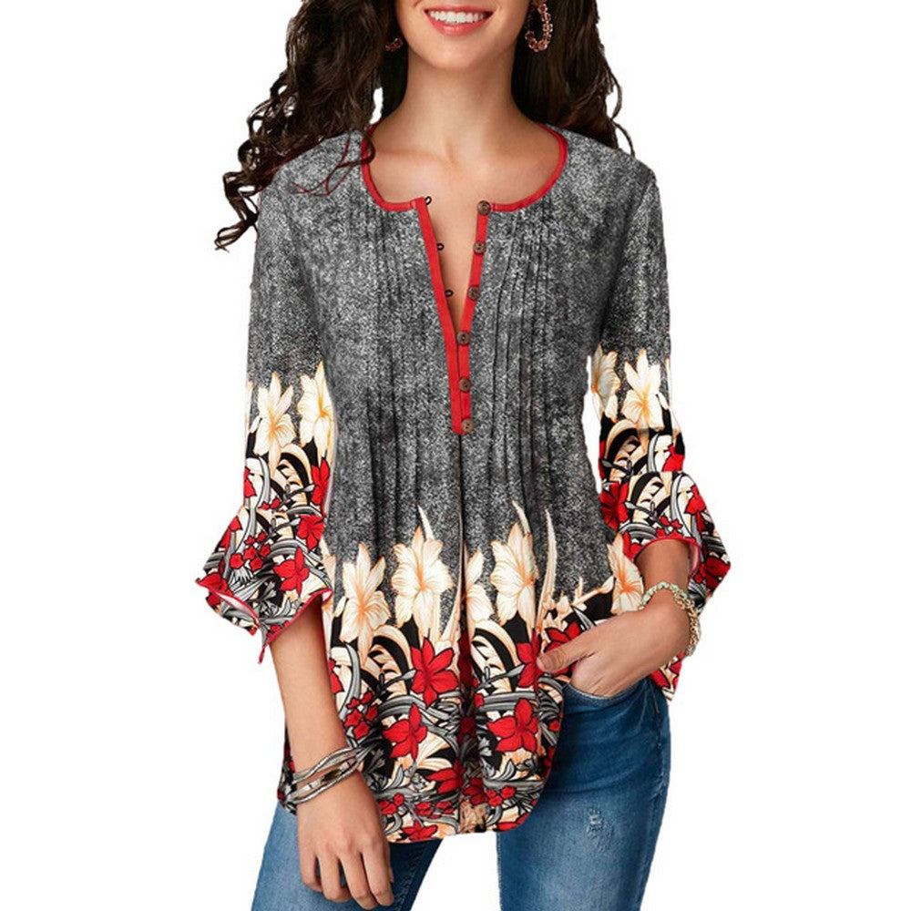 Women Printed Ruffle Sleeve T Shirt Grey