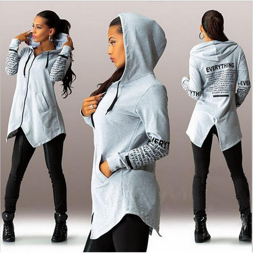 Women Letter Print Zipper Hoodies Black