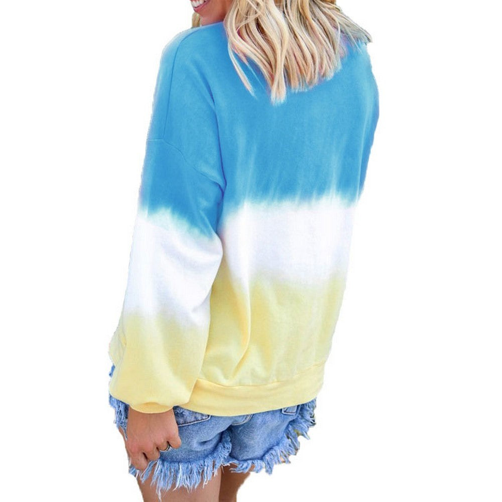 Womens Casual Crewneck Long Sleeve Gradient Contrast Pullover Blouse Tops Loose Sweatshirts Dark Blue