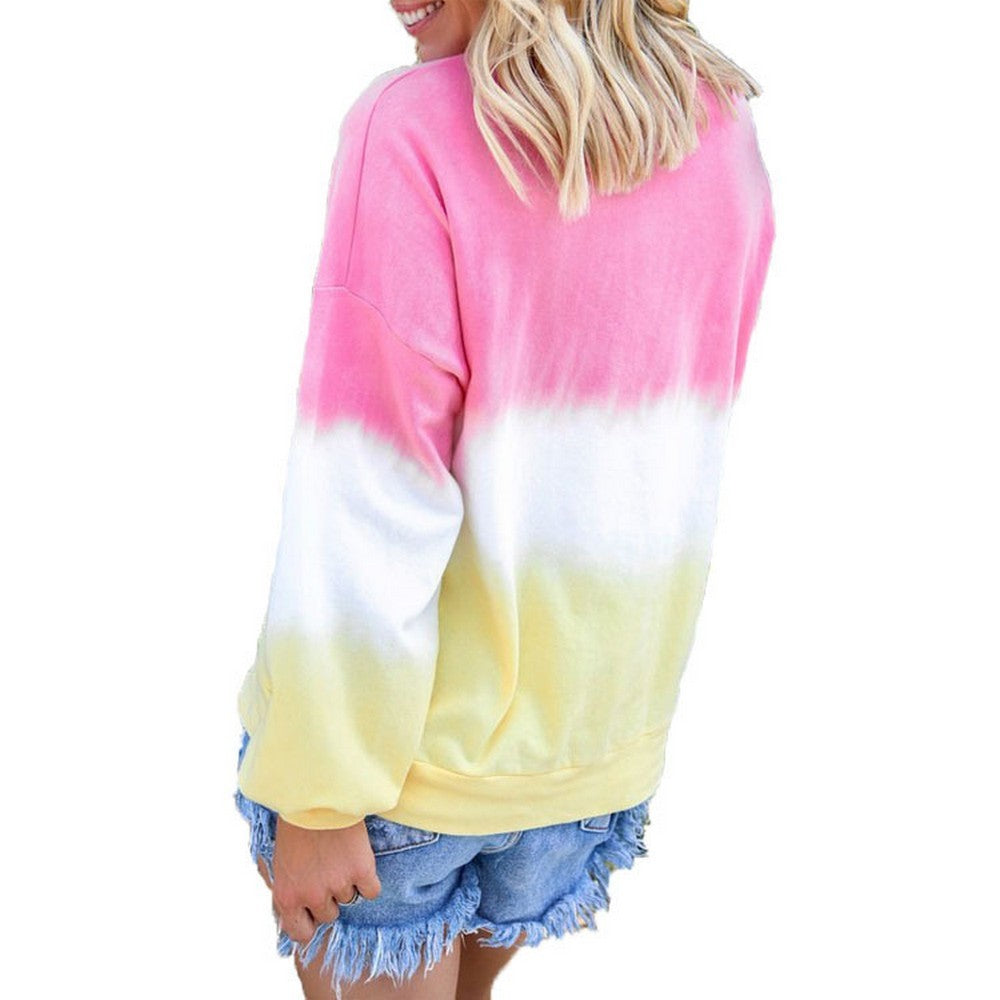 Womens Casual Crewneck Long Sleeve Gradient Contrast Pullover Blouse Tops Loose Sweatshirts Pink