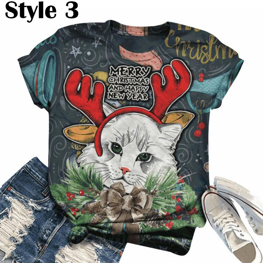Womens Christmas Cute Cats Print T-Shirt