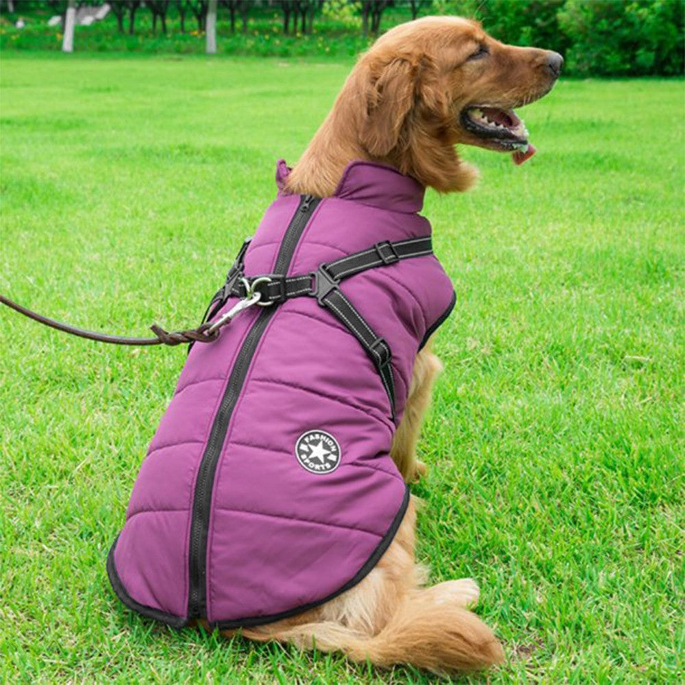 Waterproof Warm Winter Dog Harness Coat Purple M Size