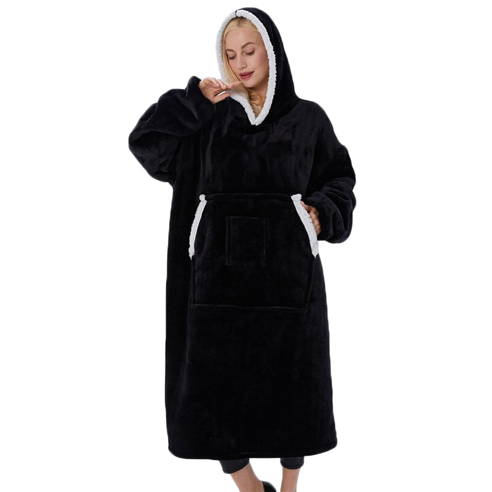 Unisex Hoodie Blanket Sherpa Hooded Oversized Wearable Throw Blanket Black