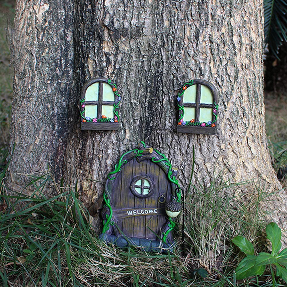 Glow in The Dark Fairy Door and Windows Wall Trees Sculpture