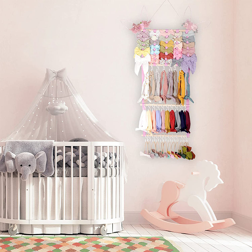 Wall Mounted Headband Bows Storage Rack with Hooks Pink