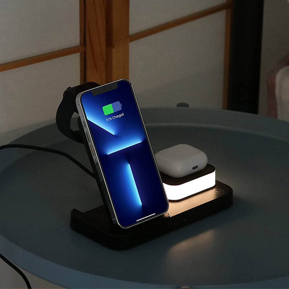3 in 1 Wireless Charging Station with Touch Light for iPhone iWatch Airpod Black