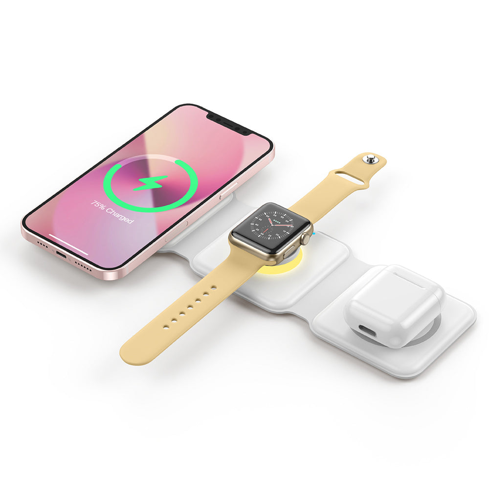 Foldable Magnetic Qi Wireless Charger with Light for iPhone iWatch Airpods White
