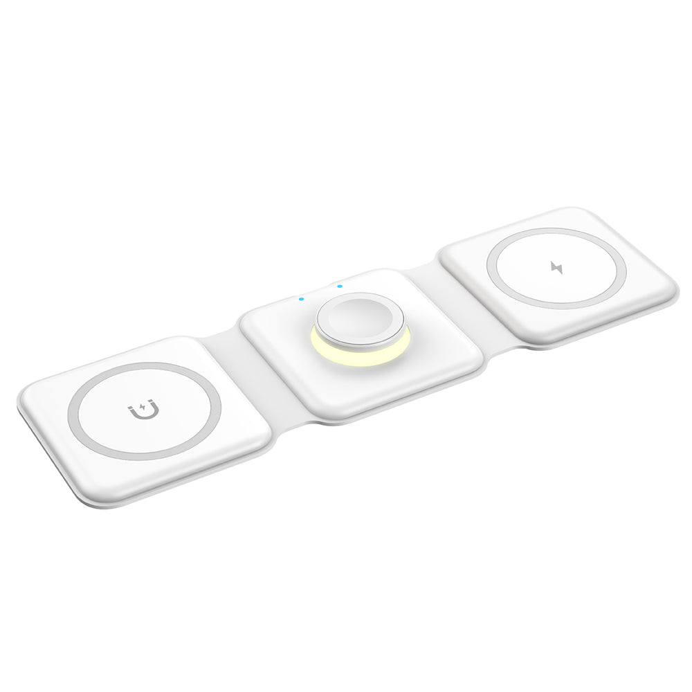 Foldable Magnetic Qi Wireless Charger with Light for iPhone iWatch Airpods White