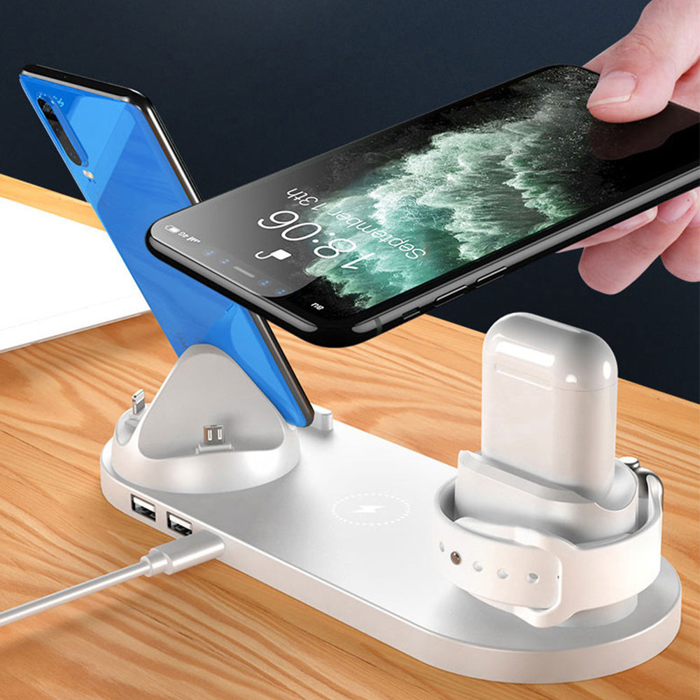 6 in 1 Qi Wireless Fast Charging Station Dock for iPhone iWatch Airpods White