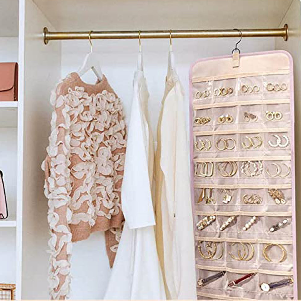 Double Sided Hanging Jewelry Storage Display Bag with Hook Pink Large