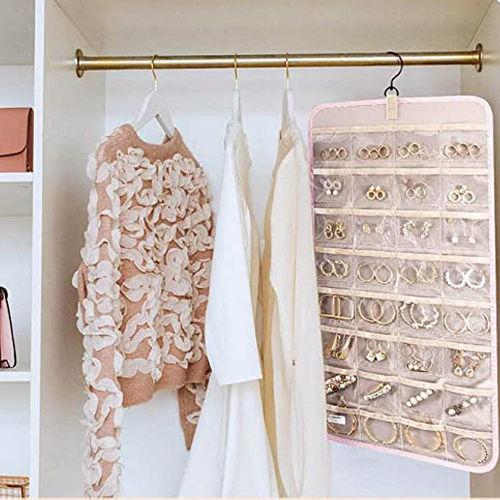 Double Sided Hanging Jewelry Storage Display Bag with Hook Pink Small