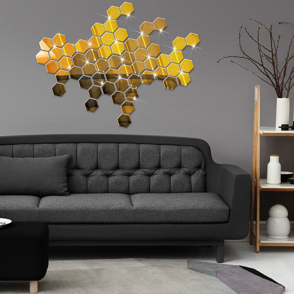 12Pcs 4cm DIY Self Adhesive Hexagon Mirror Wall Stickers Mirror Tiles Gold