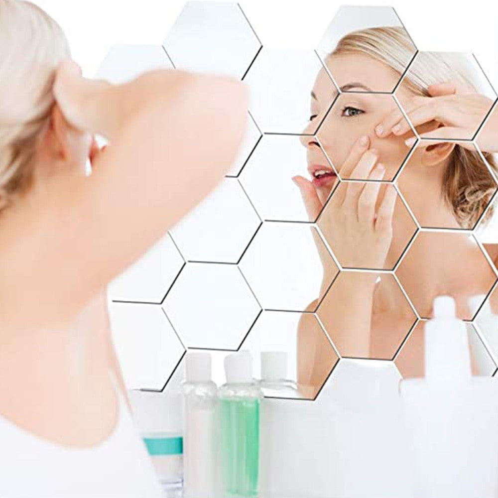 12Pcs 4cm DIY Self Adhesive Hexagon Mirror Wall Stickers Mirror Tiles Silver
