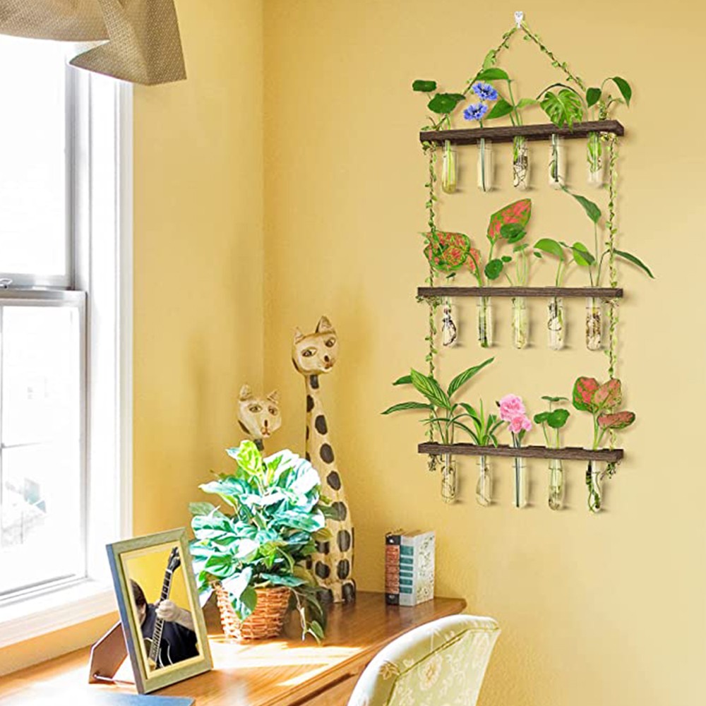 3 Layer Wall Hanging Propagation Station Plant Hanger Flower Vases Coffee Color