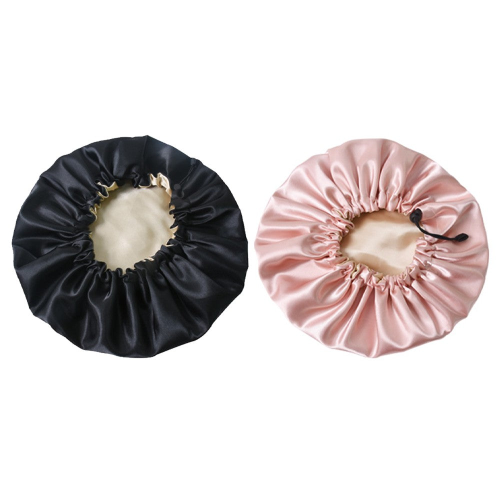 2X Women Double Layer Satin Sleep Hat Hair Care Shower Cap Black and Pink