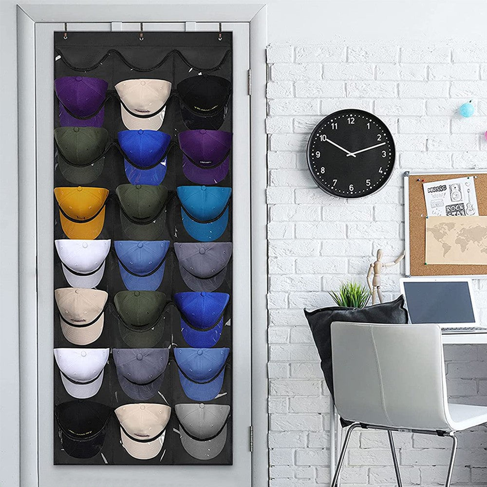 24 Pocket Baseball Hat Rack Hat Storage Bag Over the Door Cap Organizer Black