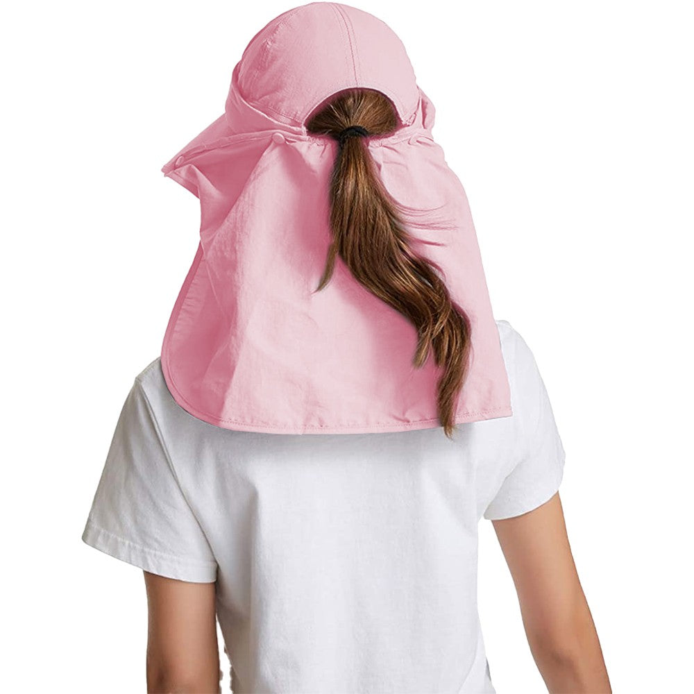 Womens Sun Cap Wide Brim Fishing Hats with Detachable Face Mask Neck Flap Pink