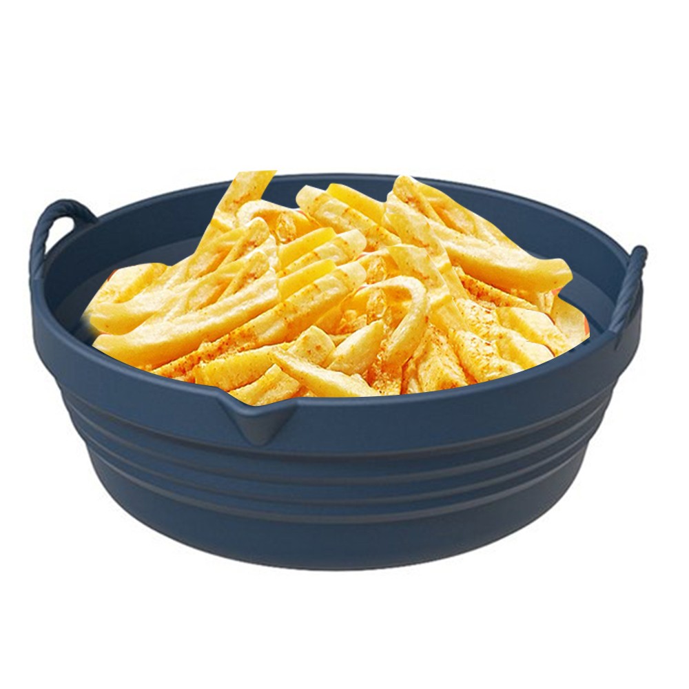 Foldable Air Fryer Silicone Pot Liners Reusable Baking Tray Pan with Handle Navy Blue