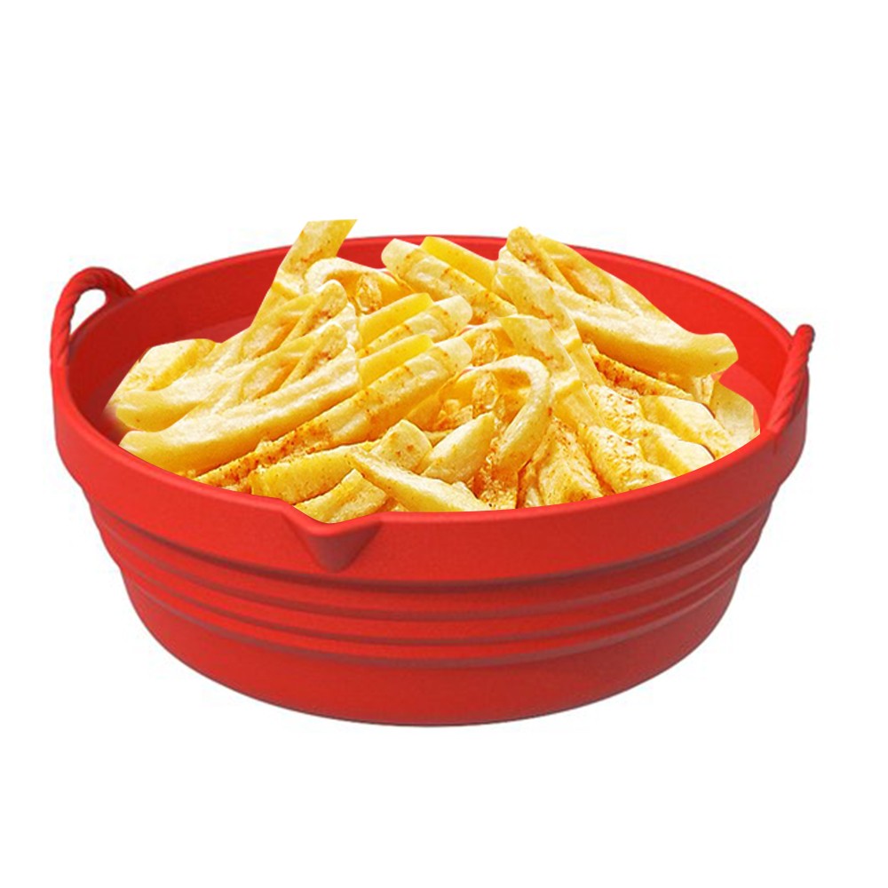 Foldable Air Fryer Silicone Pot Liners Reusable Baking Tray Pan with Handle Red