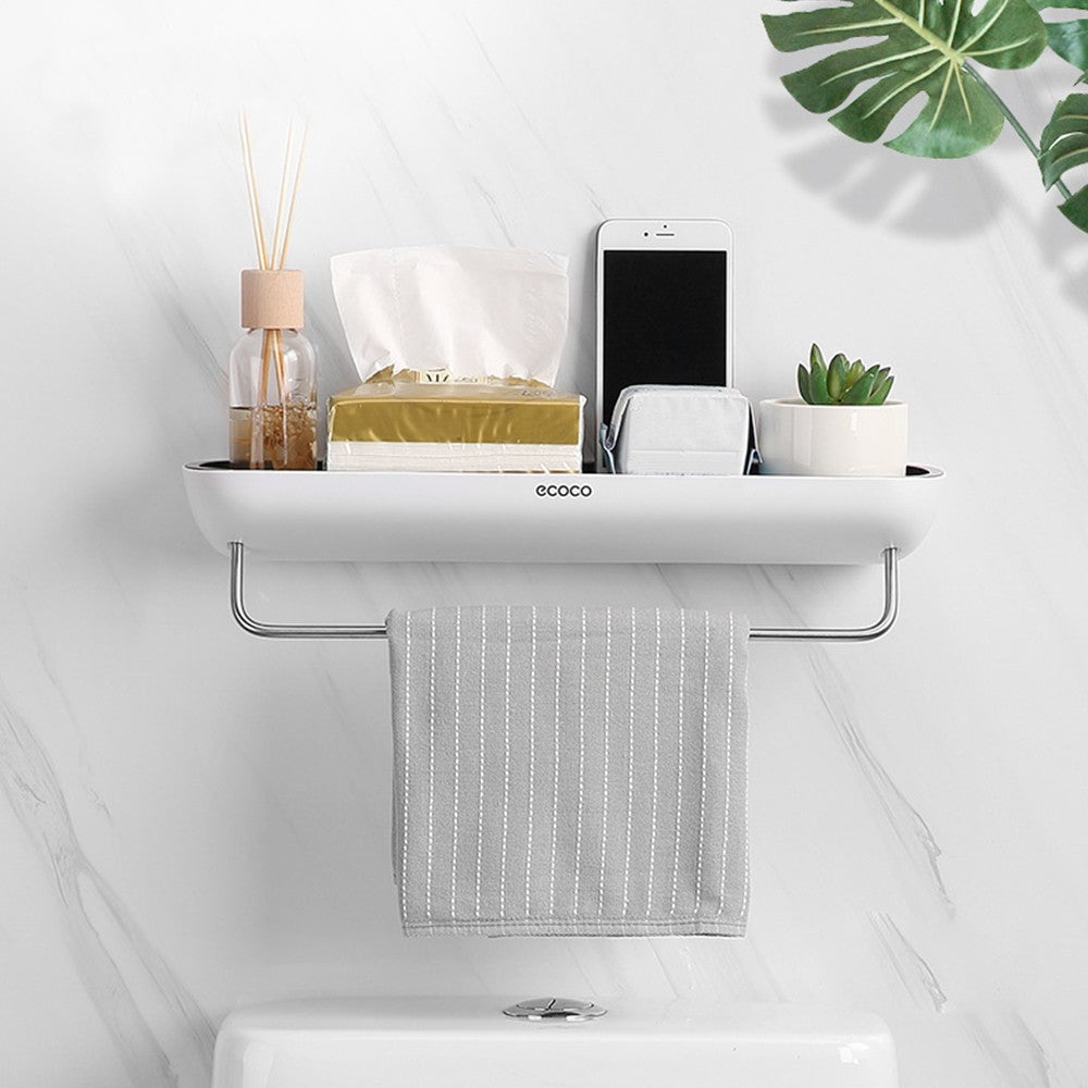 1 X Wall Mount Bathroom Shelves Organizer Punch Free Kitchen Storage Rack with Towel Rail