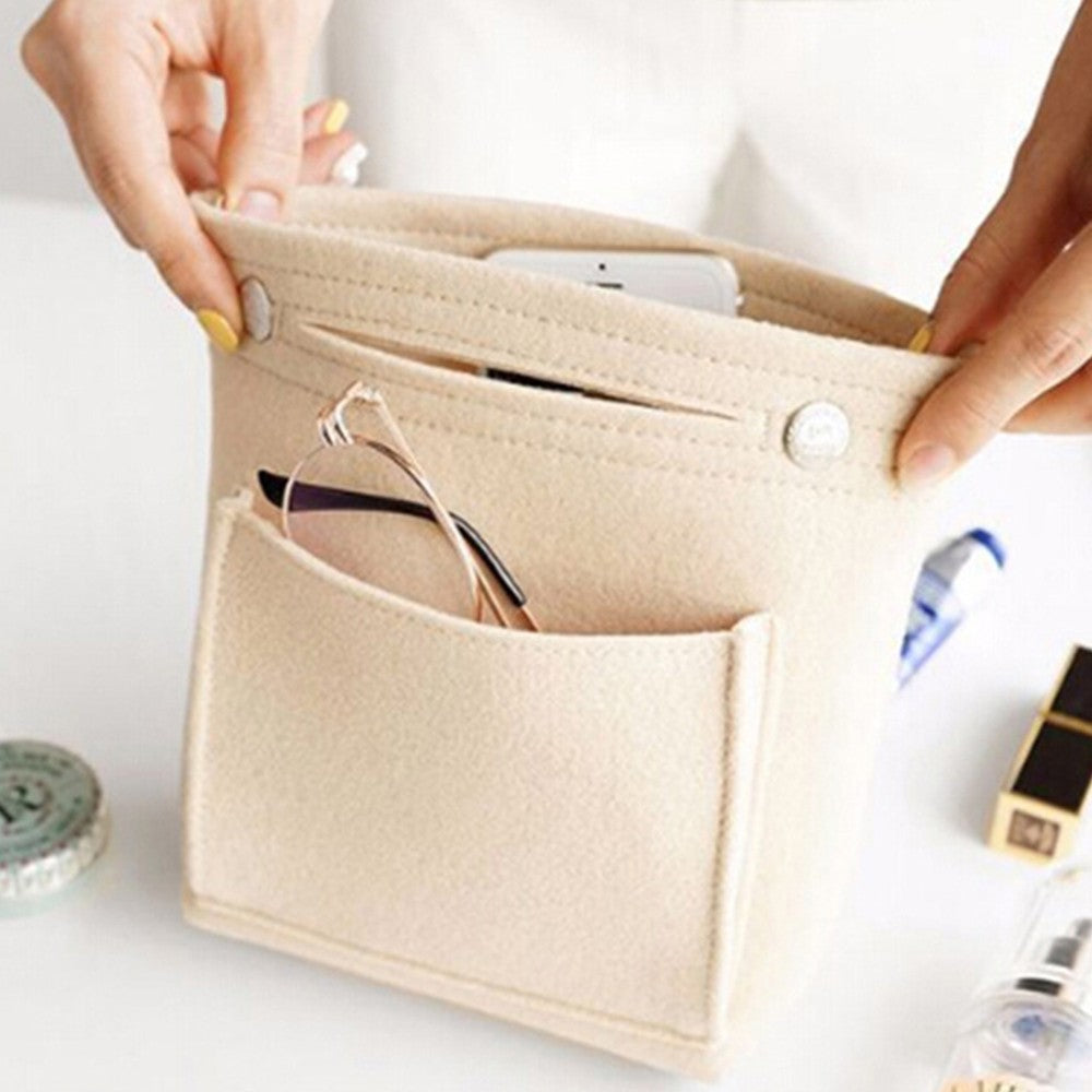 Women Handbag Insert Bag Purse Liner Multi Pocket Travel Felt Organizer Makeup Cosmetic Bag Beige