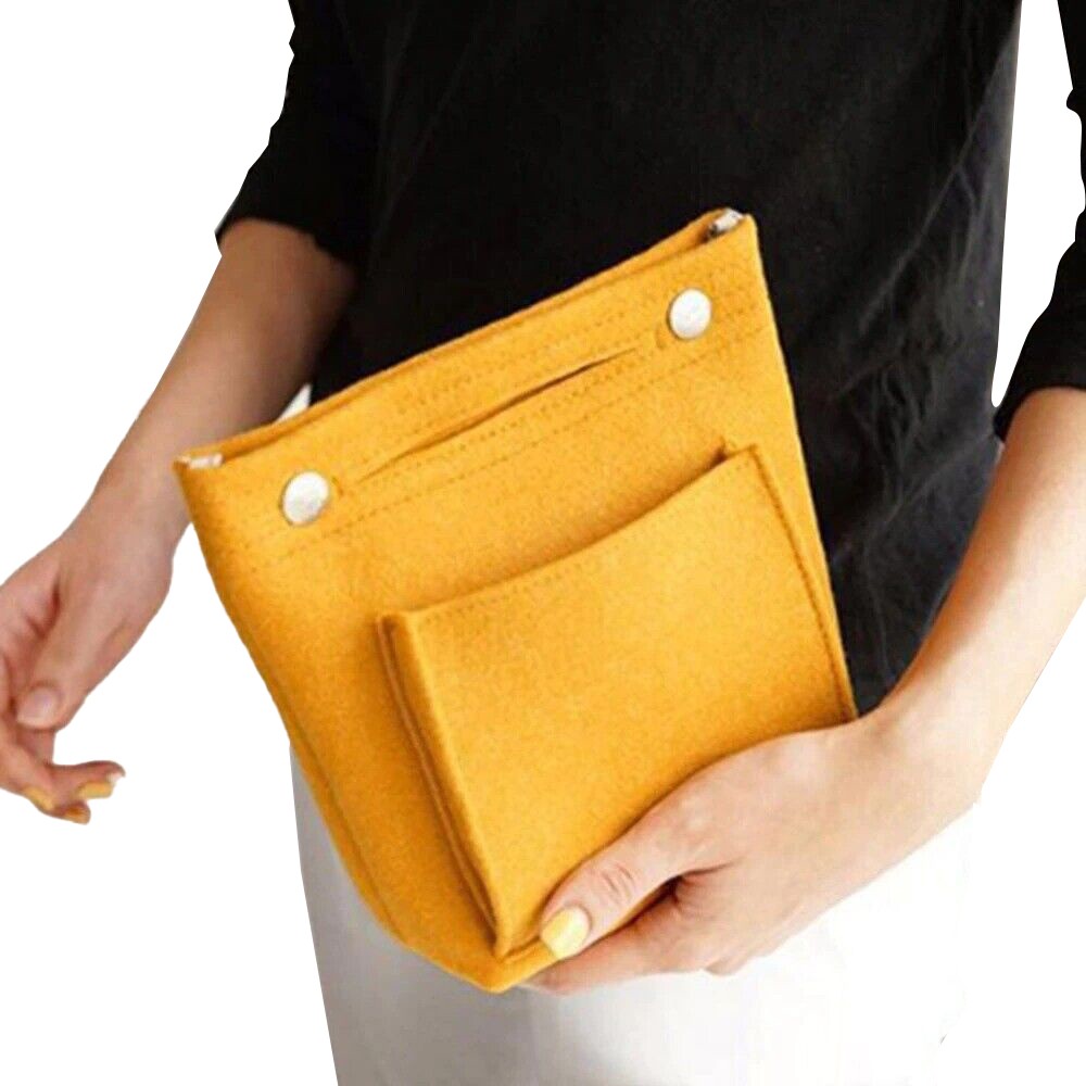 Women Handbag Insert Bag Purse Liner Multi Pocket Travel Felt Organizer Makeup Cosmetic Bag Yellow