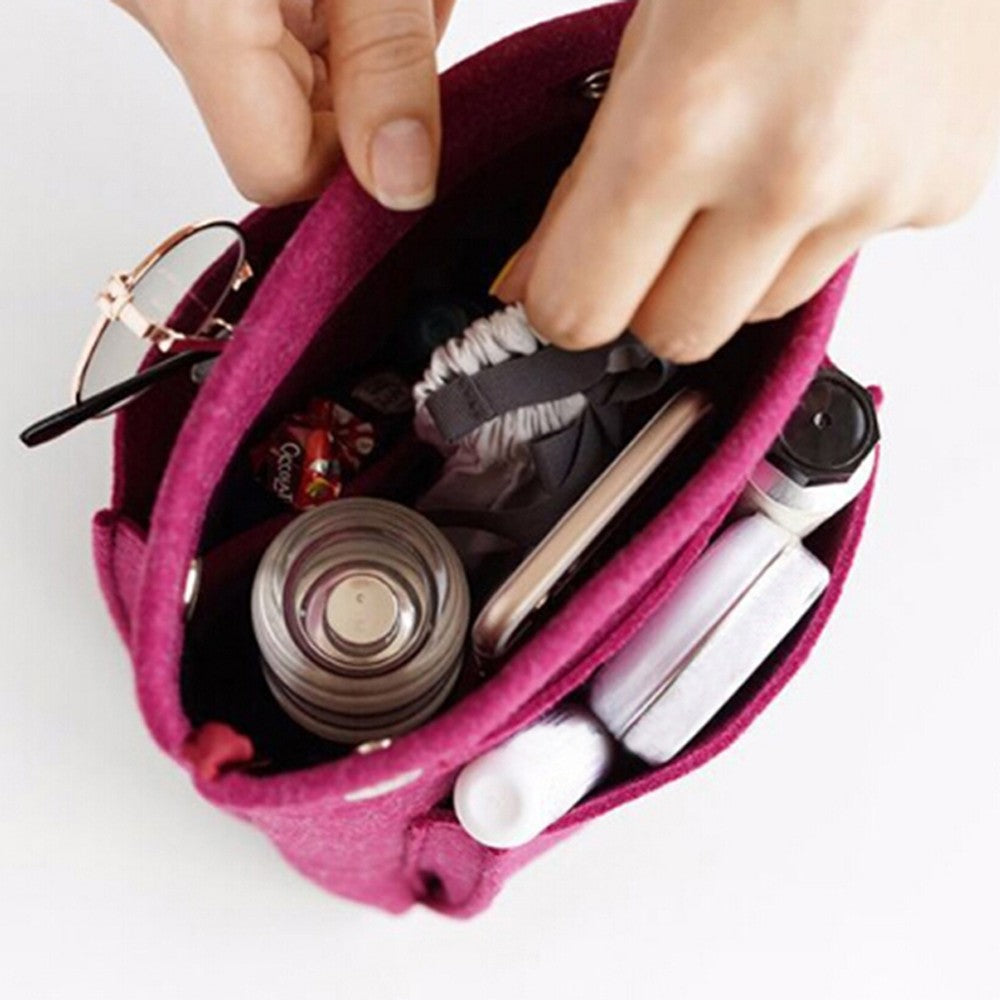 Women Handbag Insert Bag Purse Liner Multi Pocket Travel Felt Organizer Makeup Cosmetic Bag Rose Red