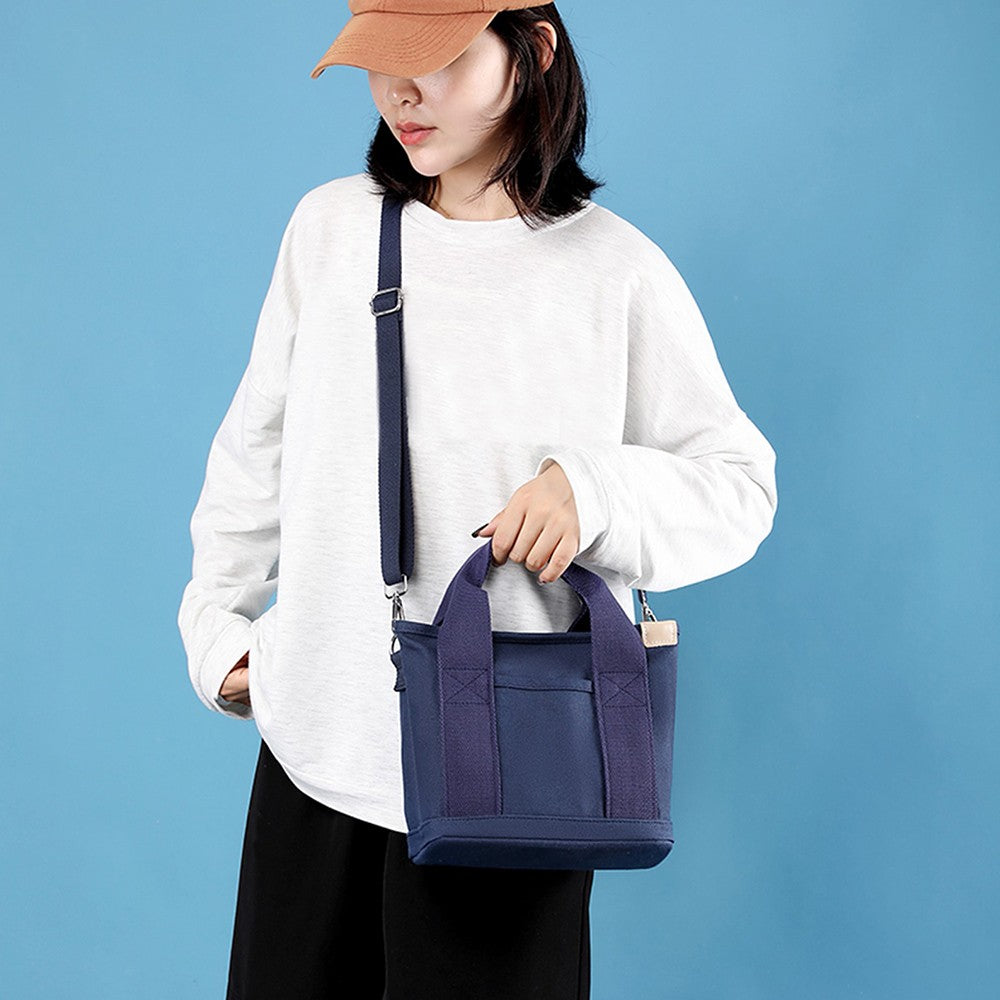 Womens Canvas Small Tote Bags Handbag Crossbody Bags Zipper Bags with Shoulder Strap Navy Blue