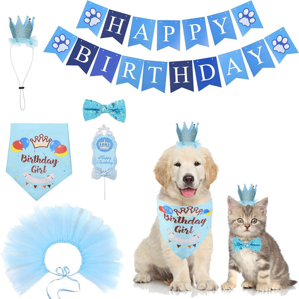 1 X 6Pcs Blue Pet Dog Birthday Party Supplies Set Birthday Bandana Banner Hat Cake Topper Decorations