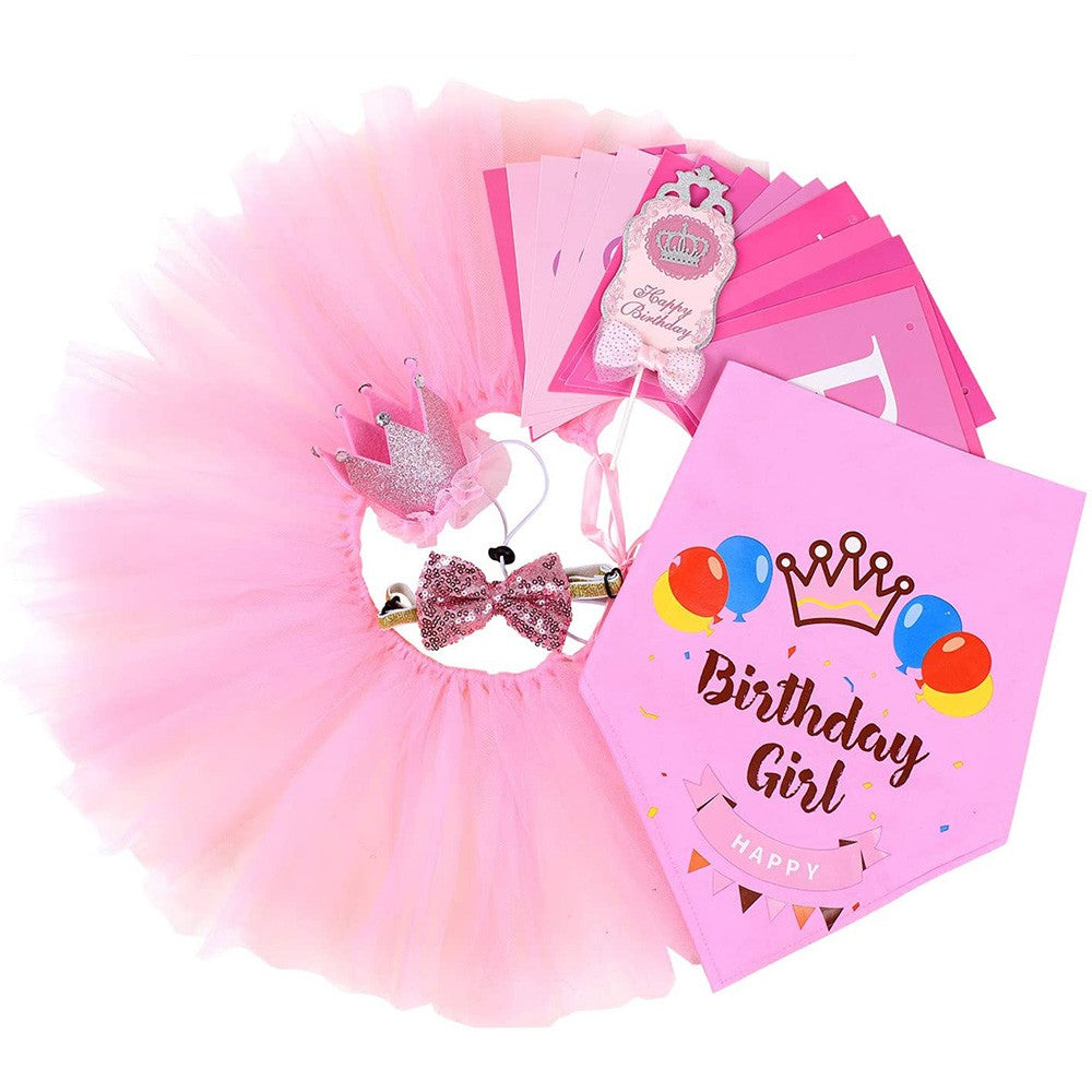 1 X 6Pcs Pink Pet Dog Birthday Party Supplies Set Birthday Bandana Banner Hat Cake Topper Decorations