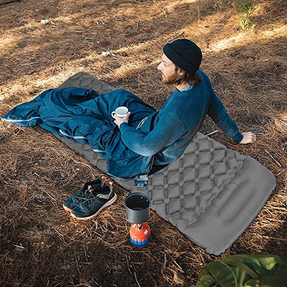 Grey Inflatable Sleeping Pad with Pillow Camping Sleeping Air Mattress Camping Mat