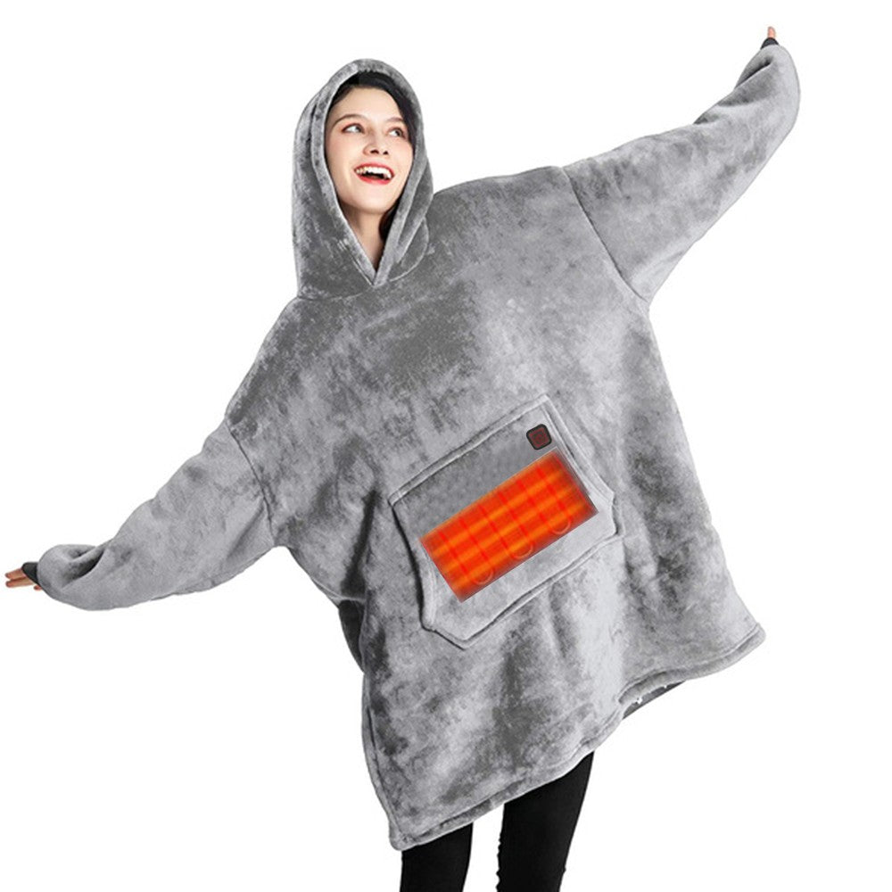 L Unisex Heated Hooded Blanket Sherpa Wearable Blanket Oversized Hooded Blanket Grey