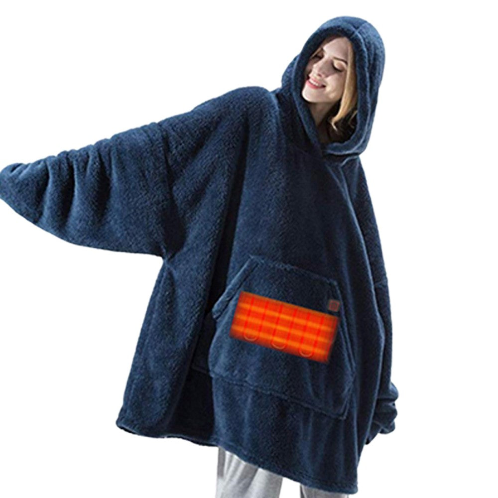 S Unisex Heated Hooded Blanket Sherpa Wearable Blanket Oversized Hooded Blanket Navy Blue